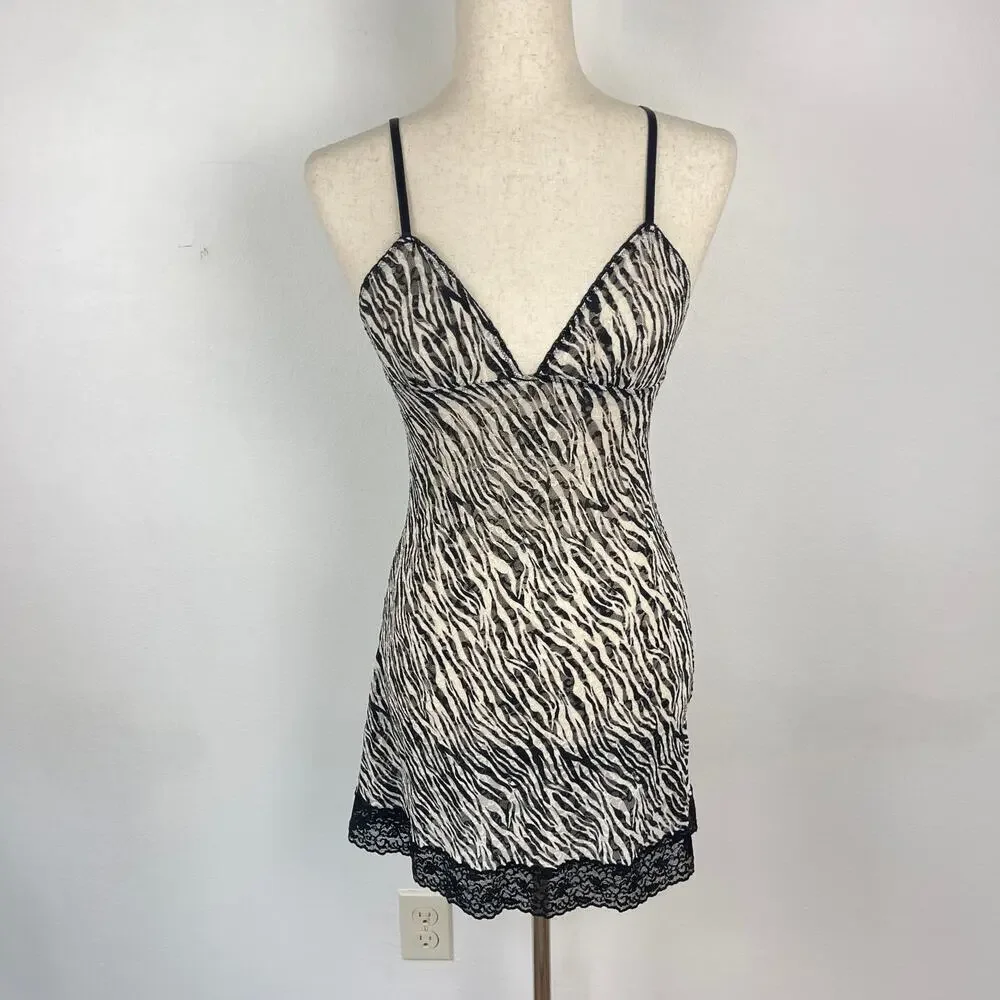 Y2K Victoria's Secret Sheer Lace Black White Zebra Stripe Slip Babydoll Medium